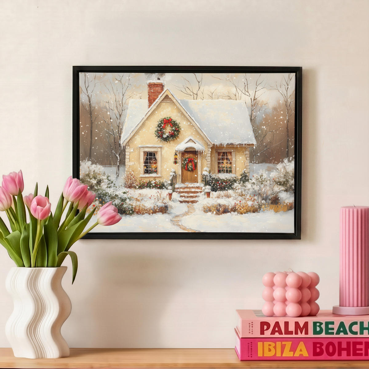 LEINWAND Bilder mit Rahmen - Weihnachten - Zuhause - Winter - Schnee - 40x30 - Creme, Textil (40/30cm) - MuchoWow