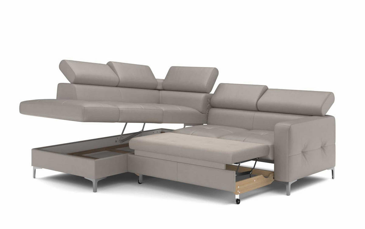 ECKSCHLAFSOFA aus Echtleder mit Schlaffunktion und Bettkasten - Chromfarben/Silberfarben, Leder/Holz (242/207cm) - Cotta