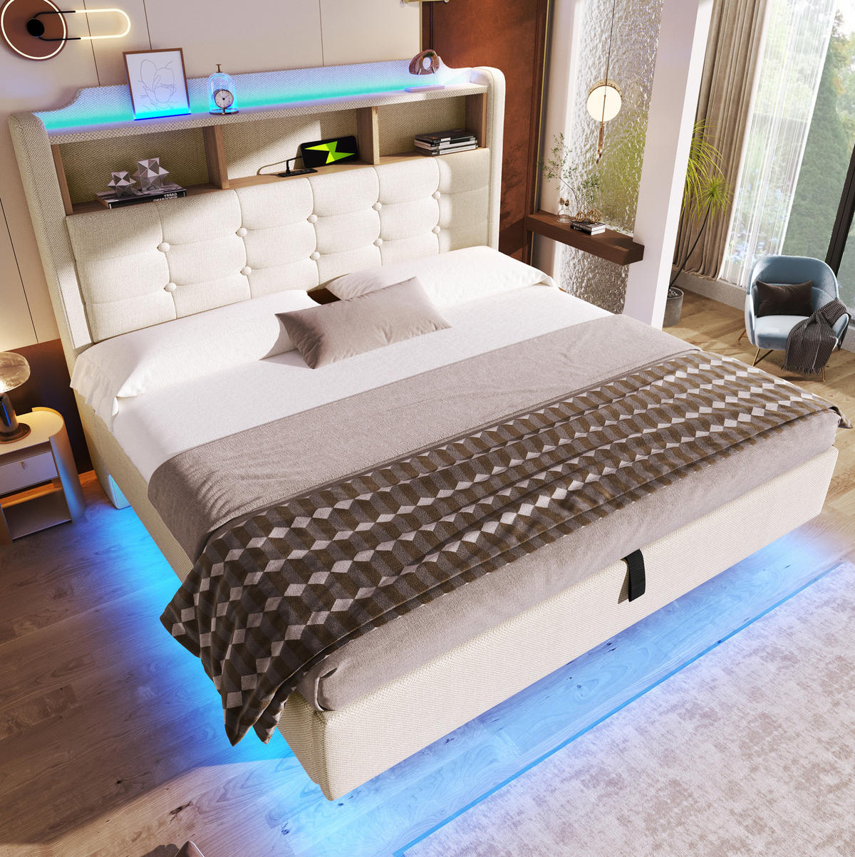 ČALÚNENÁ posteľ z lepidla a MDF 140x200 cm béžová s LED osvetlením, hydraulickým úložným priestorom a USB/Typ-C - béžová, textil (140/200cm) - Modfu