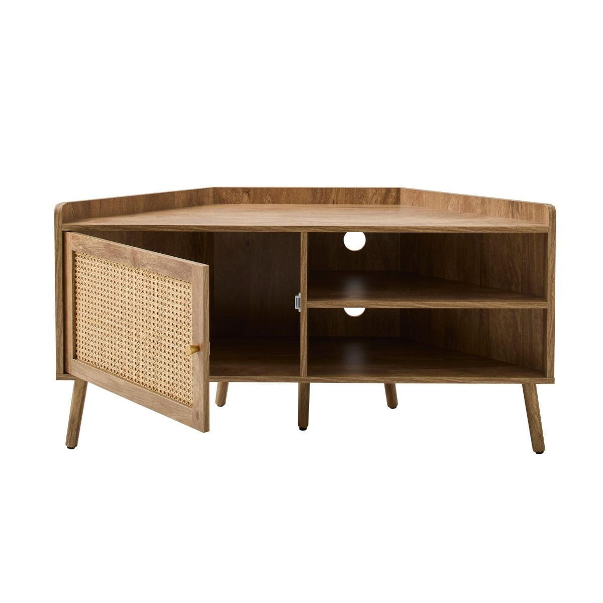 ECK-TV-MÖBEL mit 1 Tür und Rattanfront sowie 2 offenen Fächern, L120 cm 40/120/60 cm - Eschefarben, Holzwerkstoff (40/60/48.5cm) - Calicosy