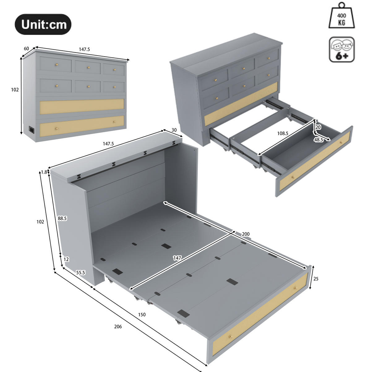 KREVET 140/200 cm s USB priključkom, utičnicom, ladicama i pretvorbom u ormar, Siva - siva, drvni materijal (140/200cm) - Redom