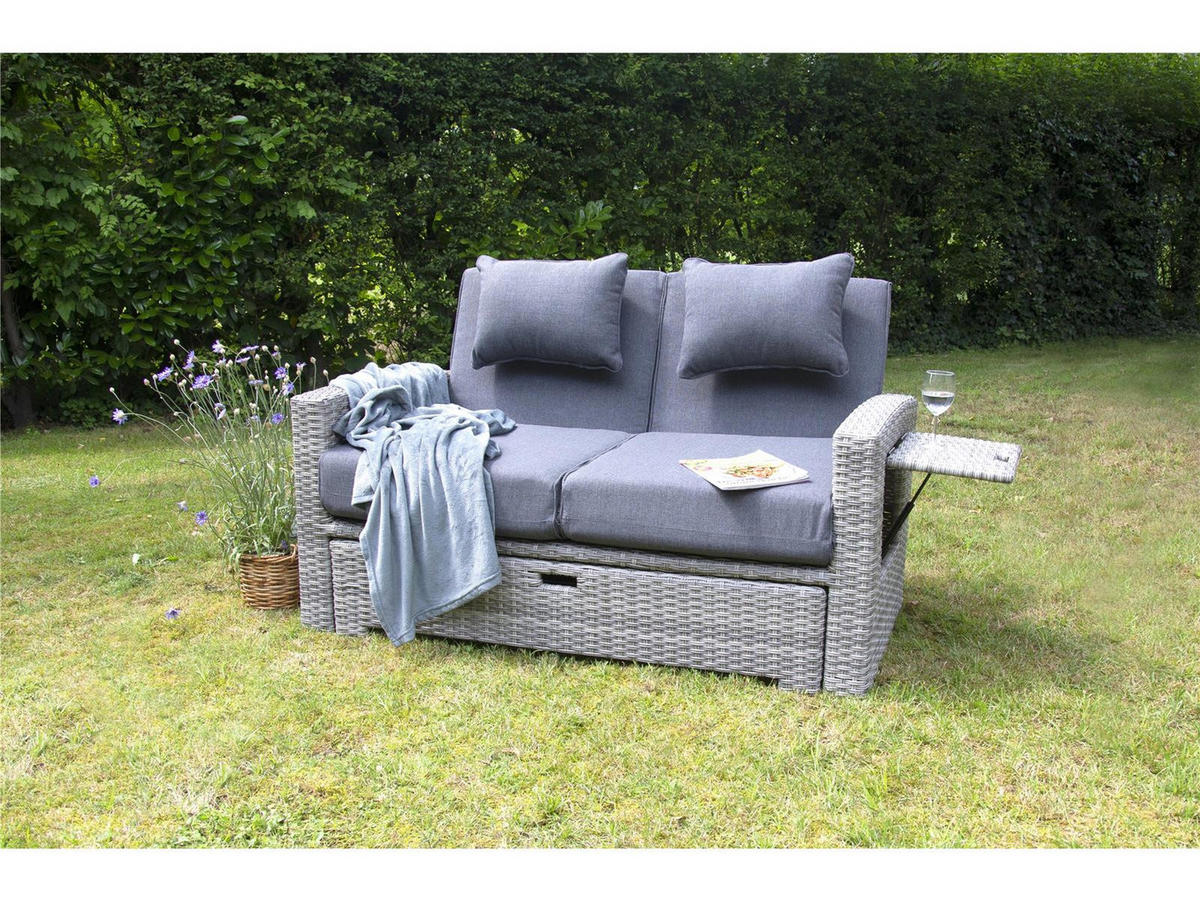 GARTEN-MULTIFUNKTIONSSOFA Begur Grau Polyrattan ausklappbar für 2 Personen - Grau, Naturmaterialien (80/86/156cm) - bellavista - Home & Garden