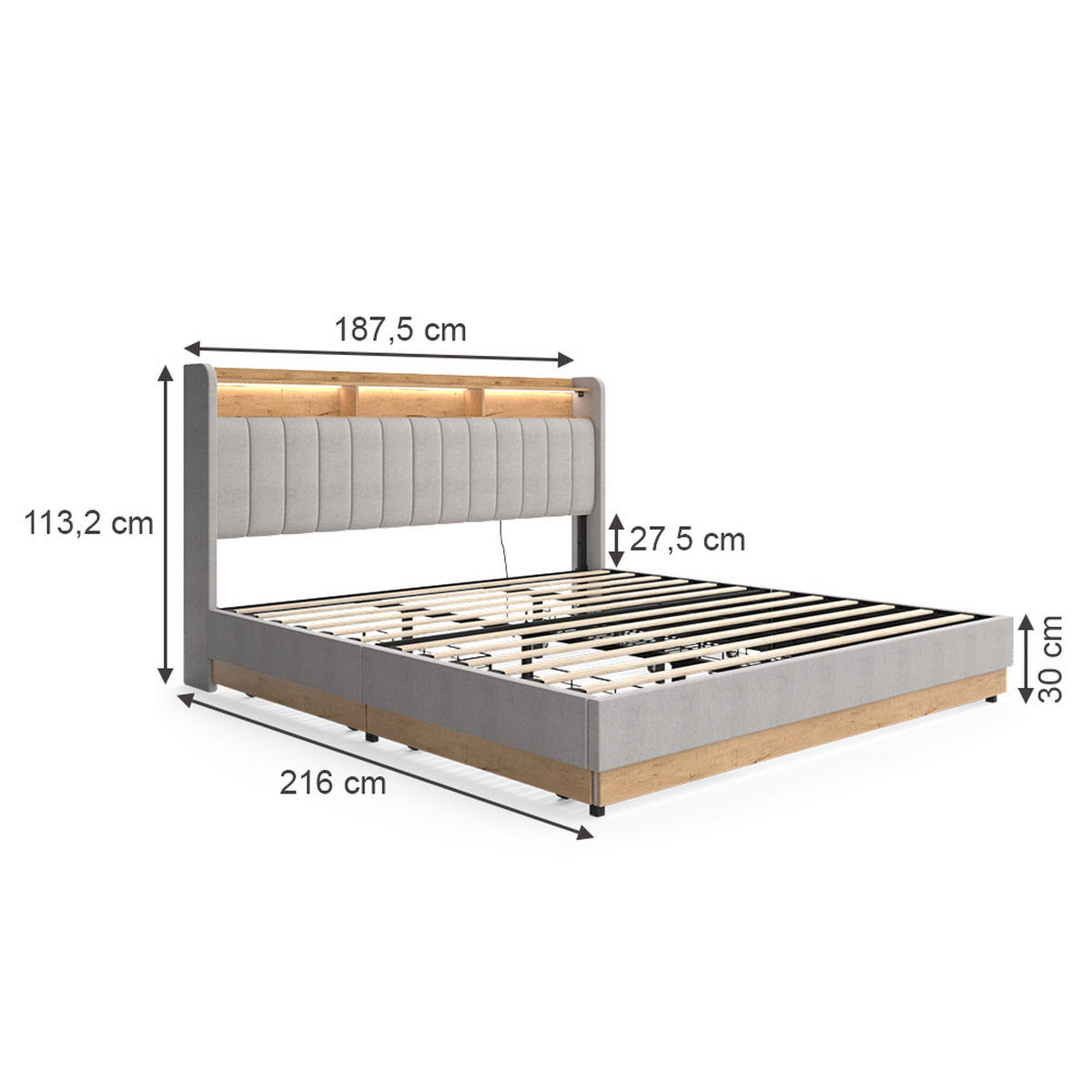 POLSTERBETT Nura Grau 180x200 cm mit 4 Schubladen - Grau, Holzwerkstoff - VitaliSpa