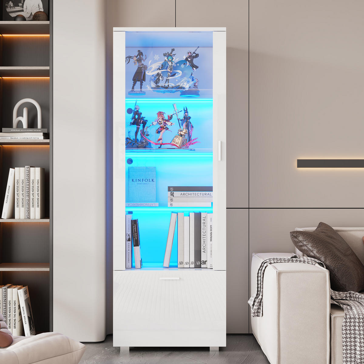 VITRINE LED Hochglanz Acryl 160cm 3 Böden Weiß - Weiß, Holzwerkstoff (50/160/40cm) - FLIEKS