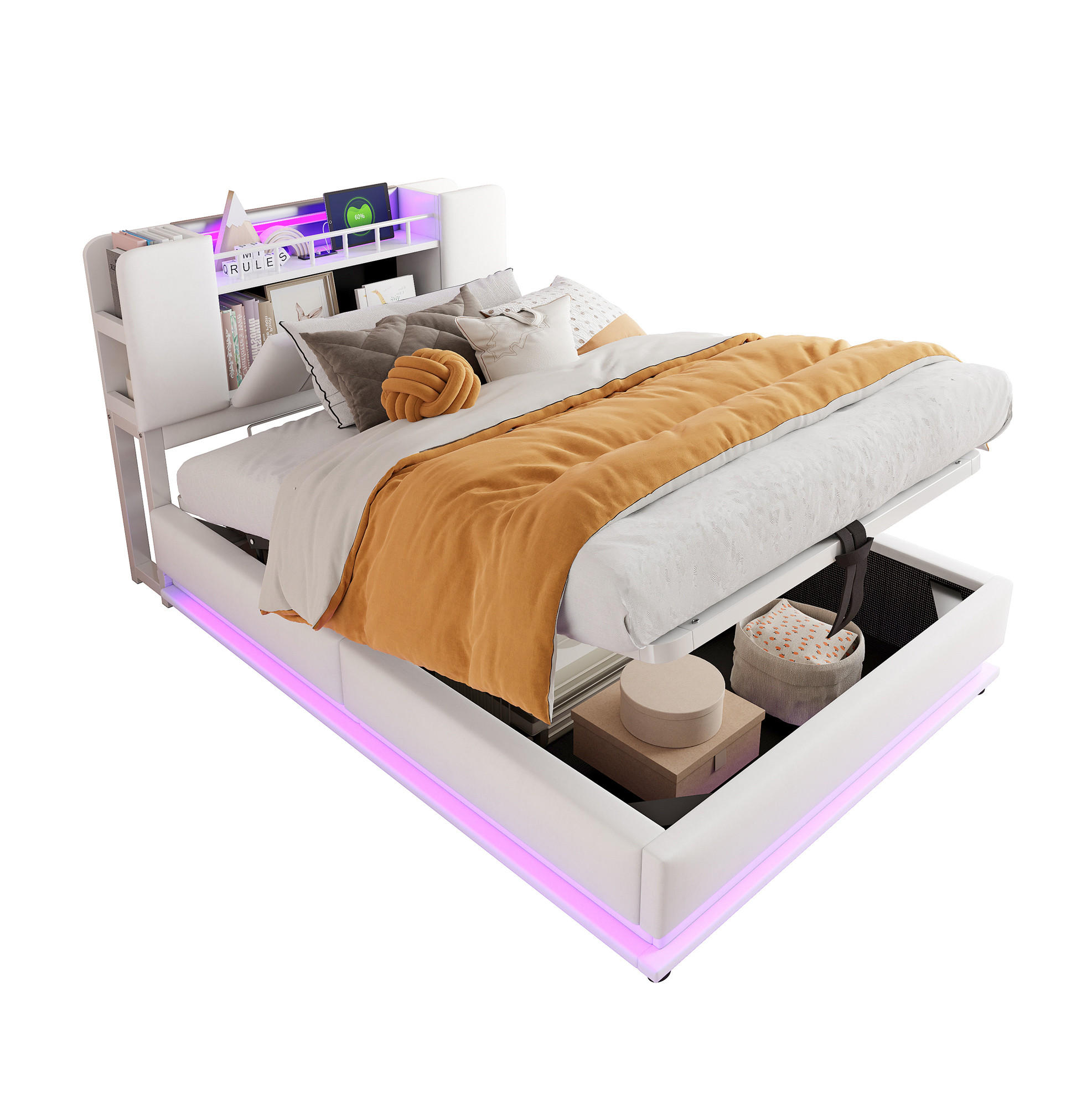 Modfu DĚTSKÁ čalouněná postel ze sametu 90x200 cm béžová s LED osvětlením, USB portem a hydraulickým úložným prostorem