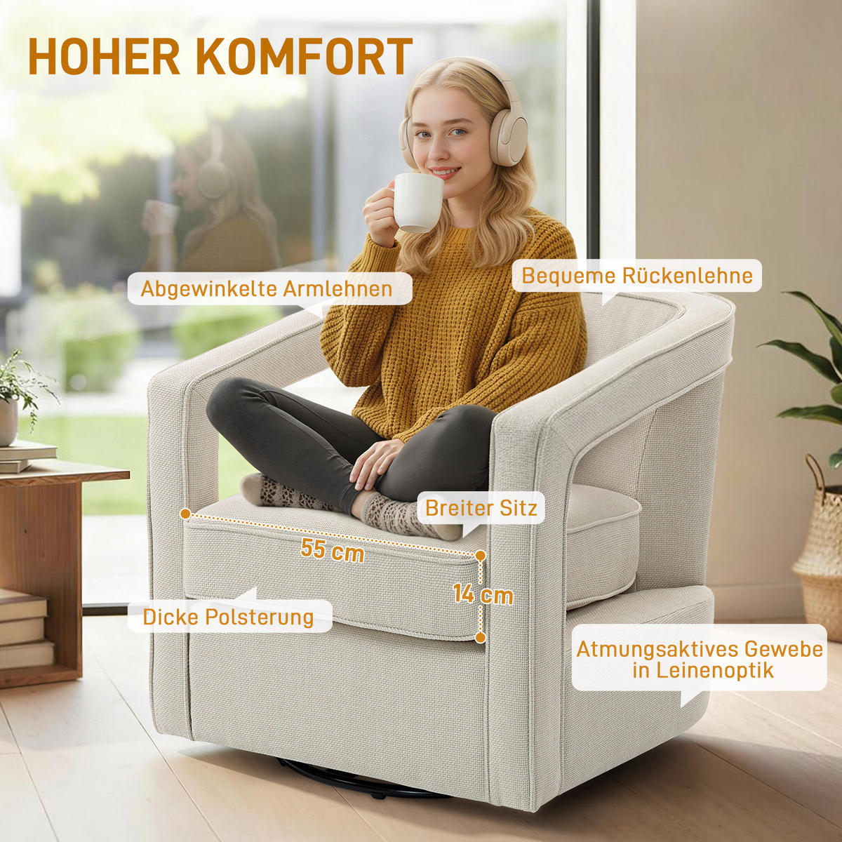SESSEL DE-06569 360° drehbar, Loungesessel, einteilige Rücken- und Armlehnen Beige - Beige, Textil/Metall (75/72/77cm) - ComfortXL