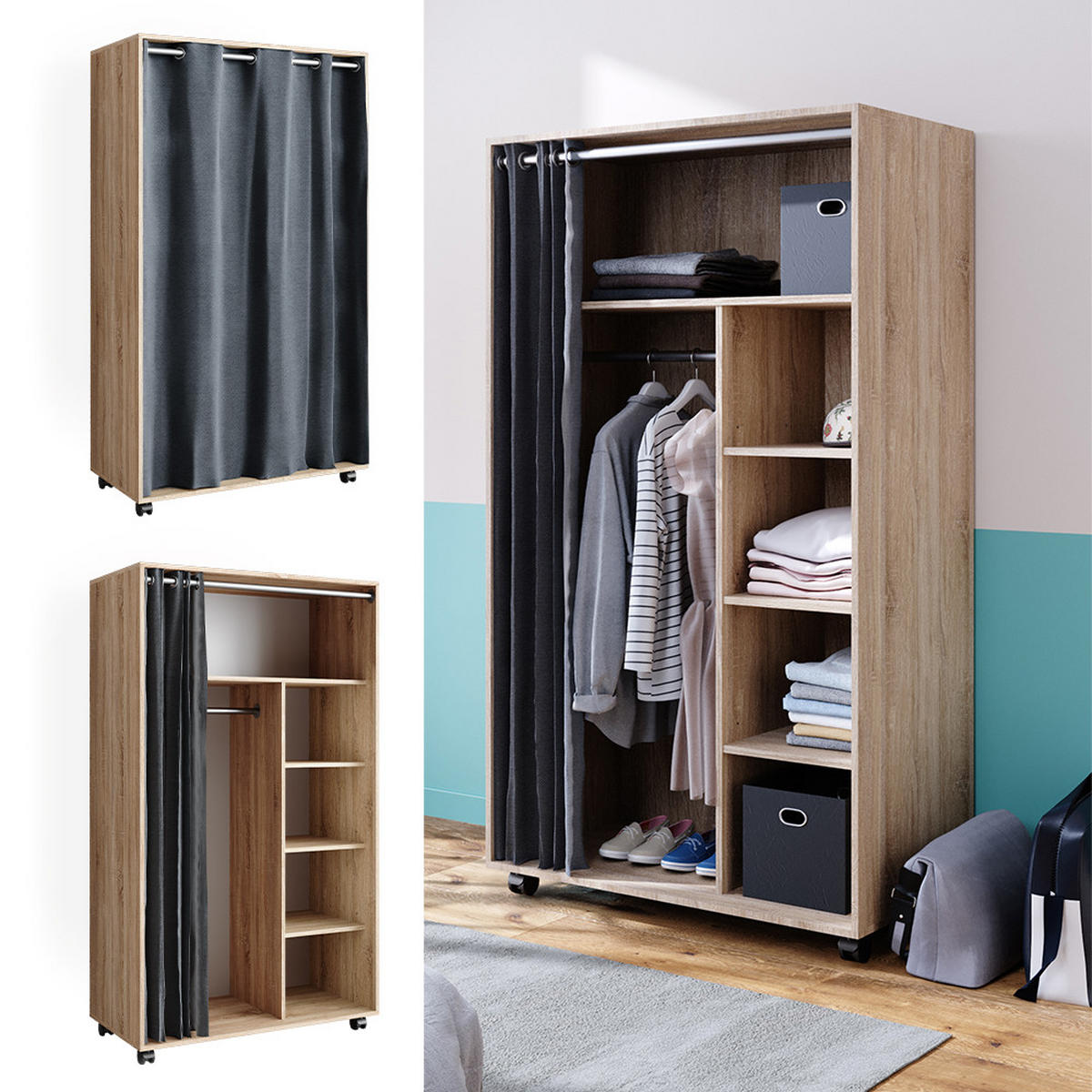 KLEIDERSCHRANK Doros Sonoma 100 x 168 cm offen, mit Rollen - Sonoma Eiche, Holzwerkstoff (100/168/50cm) - Vicco