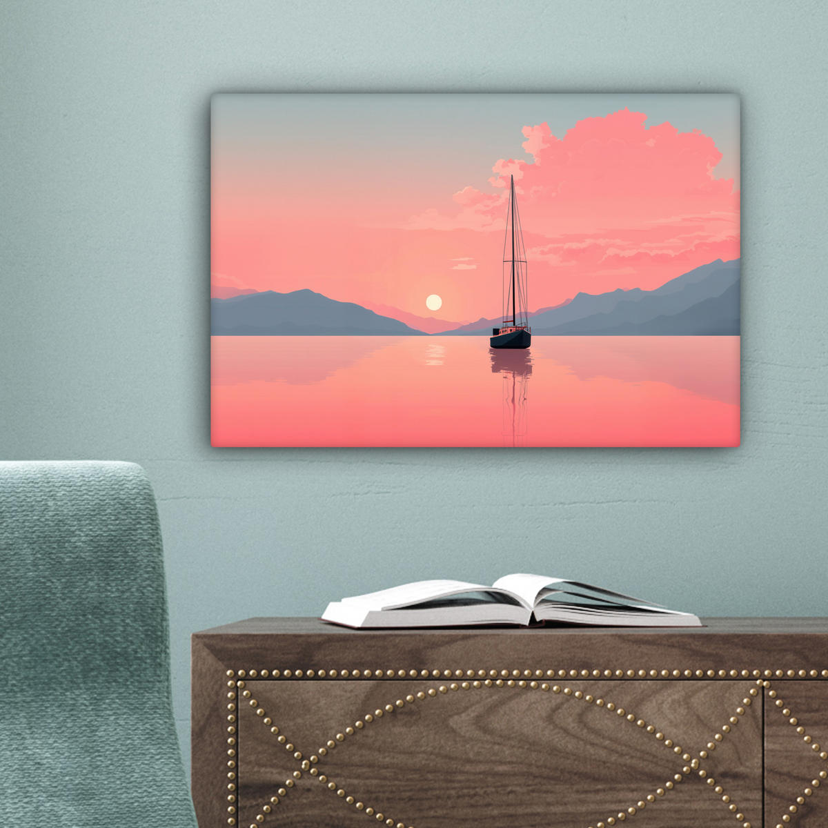 LEINWANDBILD Segelboot - Rosa Meer - Sonnenuntergang - Berge Deko Schlafzimmer 30x20 cm - Rosa, Textil (30/20cm) - MuchoWow