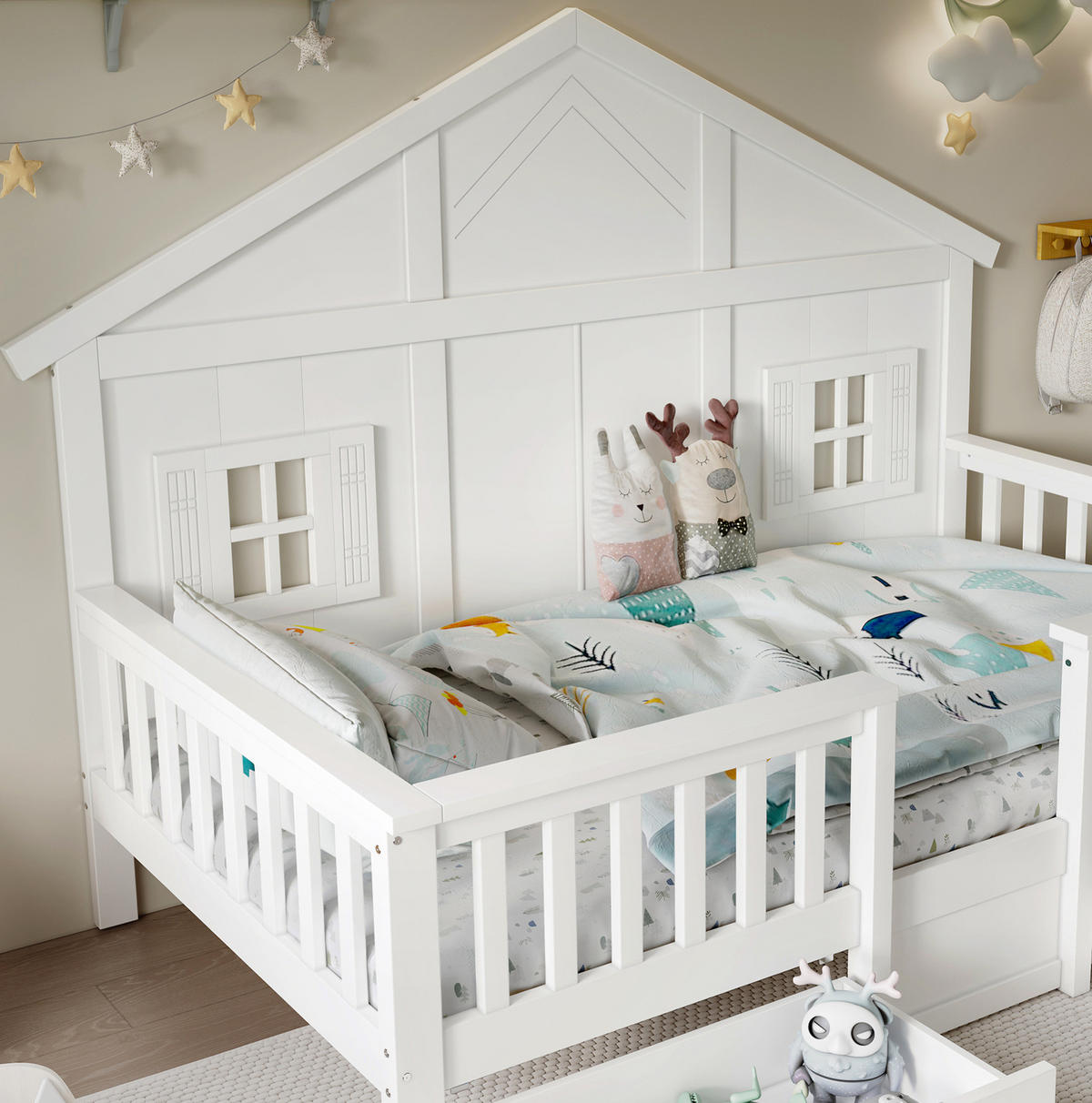 KINDERBETT aus Kiefer und MDF 90x200 cm Weiß mit 2 Schubladen, Dach und Fensterdetails - Weiß, Holzwerkstoff (90/200cm) - Modfu