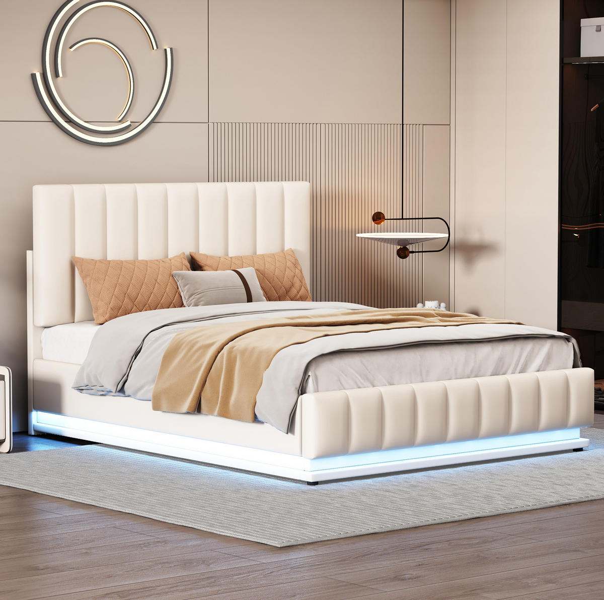 ČALÚNENÁ posteľ z umelej kože 140x200 cm biela s LED osvetlením, hydraulickým úložným priestorom a zvýšenou nosnosťou - biela, textil (140/200cm) - Modfu