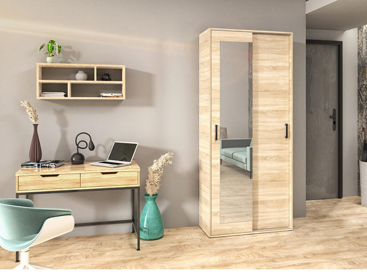 GARDEROBENSCHRANK Vanessa I 90 cm mit Spiegel, sonoma - Sonoma Eiche, Kunststoff (90/205/40cm) - Margaret Hadas24