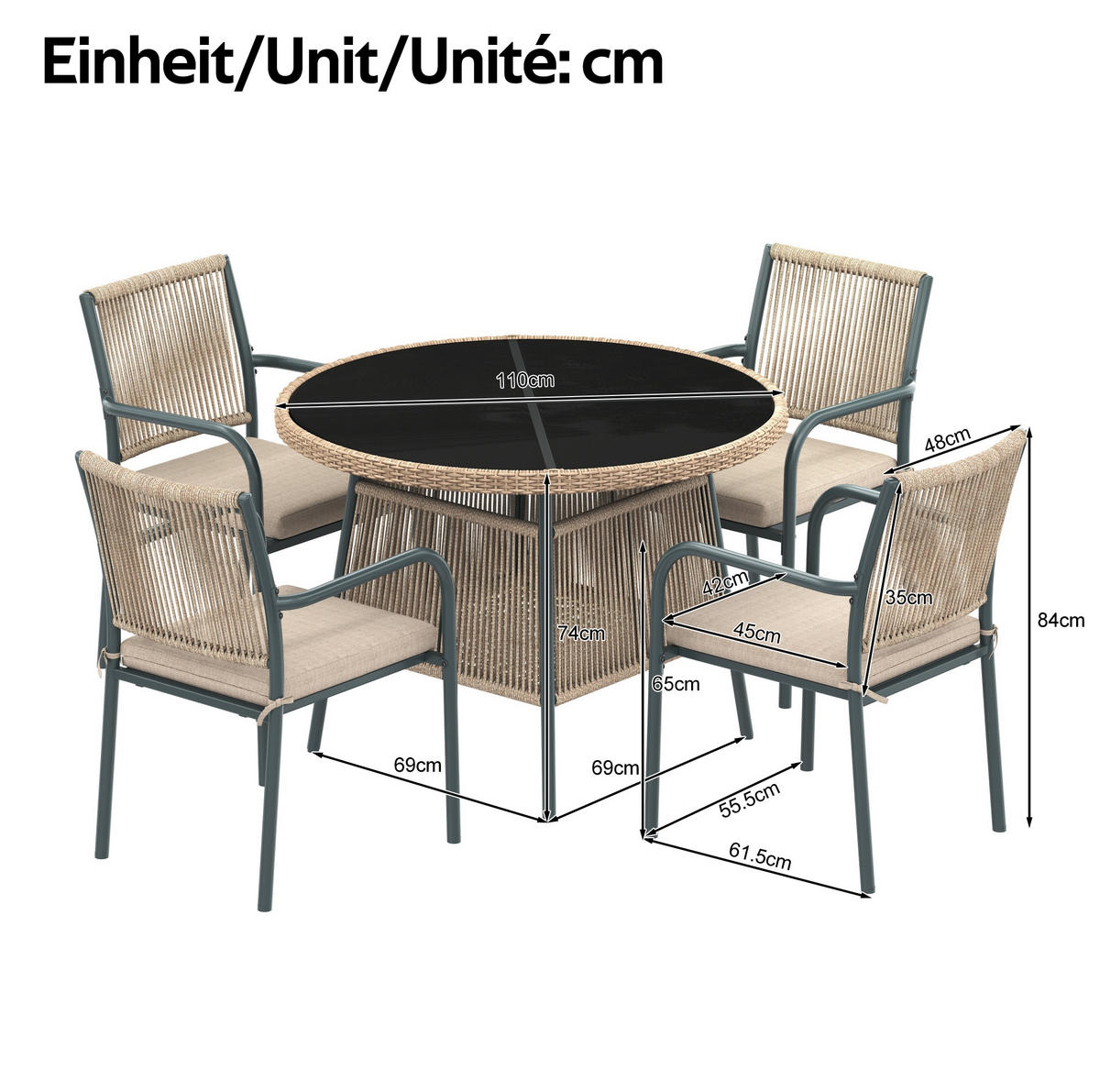 GARTENMÖBELSET 5-tlg. mit Rundtisch 110 cm und 4 Sesseln Grau - Grau, Metall - Beauniv