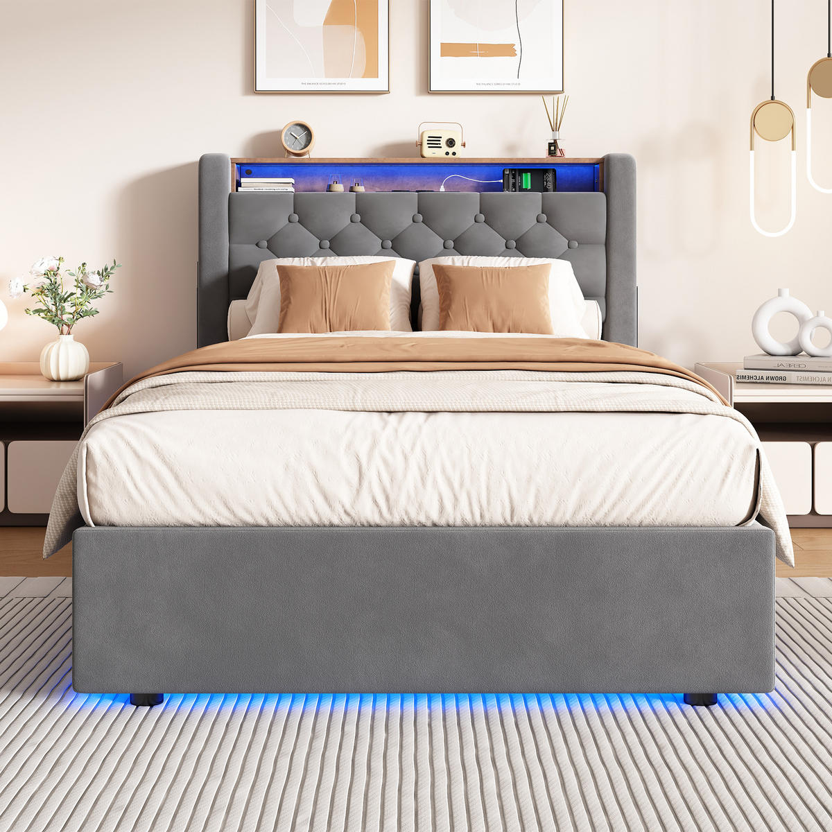 POLSTERBETT 90/200 mit Bettkasten und Stauraumbett mit Schubladen und LED Funktionbett ohne Matratze - Grau, Holzwerkstoff/Textil (90/200cm) - STILVORA