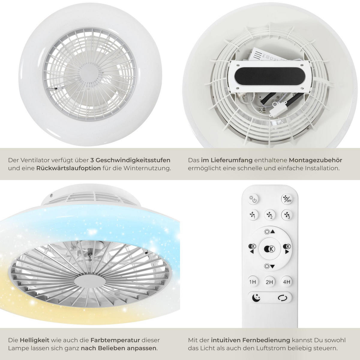 LED DECKENLEUCHTE MIT VENTILATOR Storm, Ø 50 cm, mit Fernbedienung, weiß - Weiß, Metall (50/50/17.5cm) - tectake