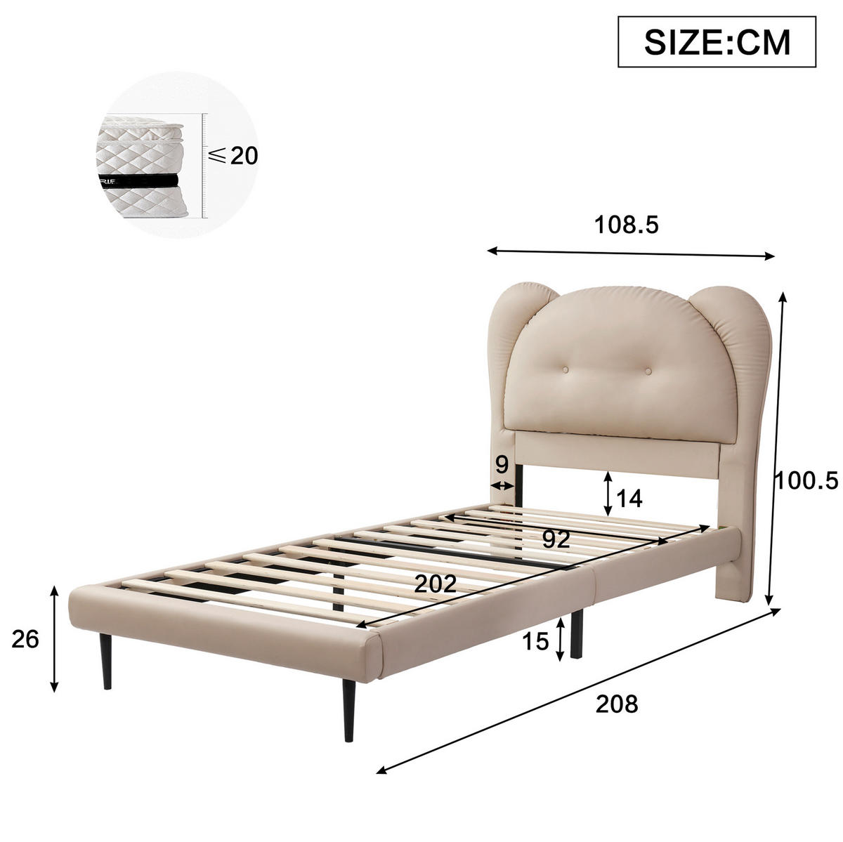 DETSKÁ čalúnená posteľ z PU 90x200 cm béžová s nohami v tvare zvieratka a stabilným rámom - béžová, plast (90/200cm) - Modfu