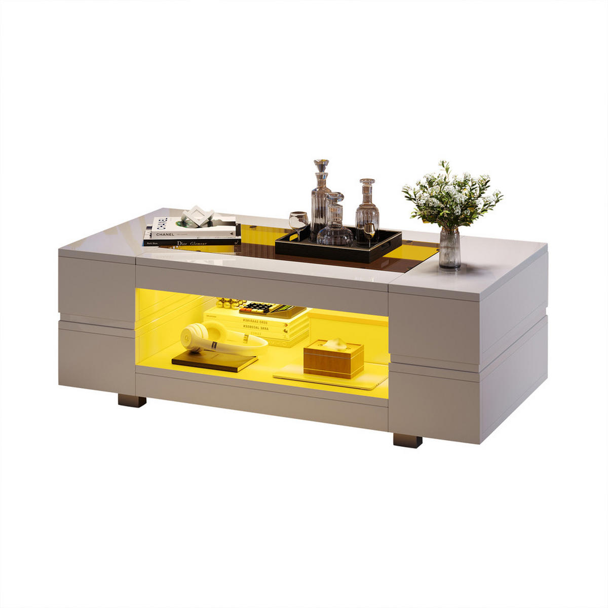 COUCHTISCH Weiß LED Bluetooth App Hochglanz Wohnzimmer Büro Party - Weiß, Holz (72.39/60.96/20.32cm) - FLIEKS