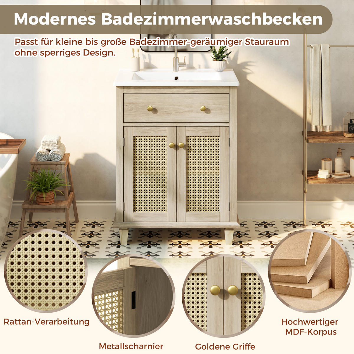 WASCHTISCHKOMMODE aus Keramik und MDF 61x47x87 cm Naturholzoptik mit Klappschublade und Rattan-Türen - Eichefarben, Keramik (61/87/47cm) - Modfu