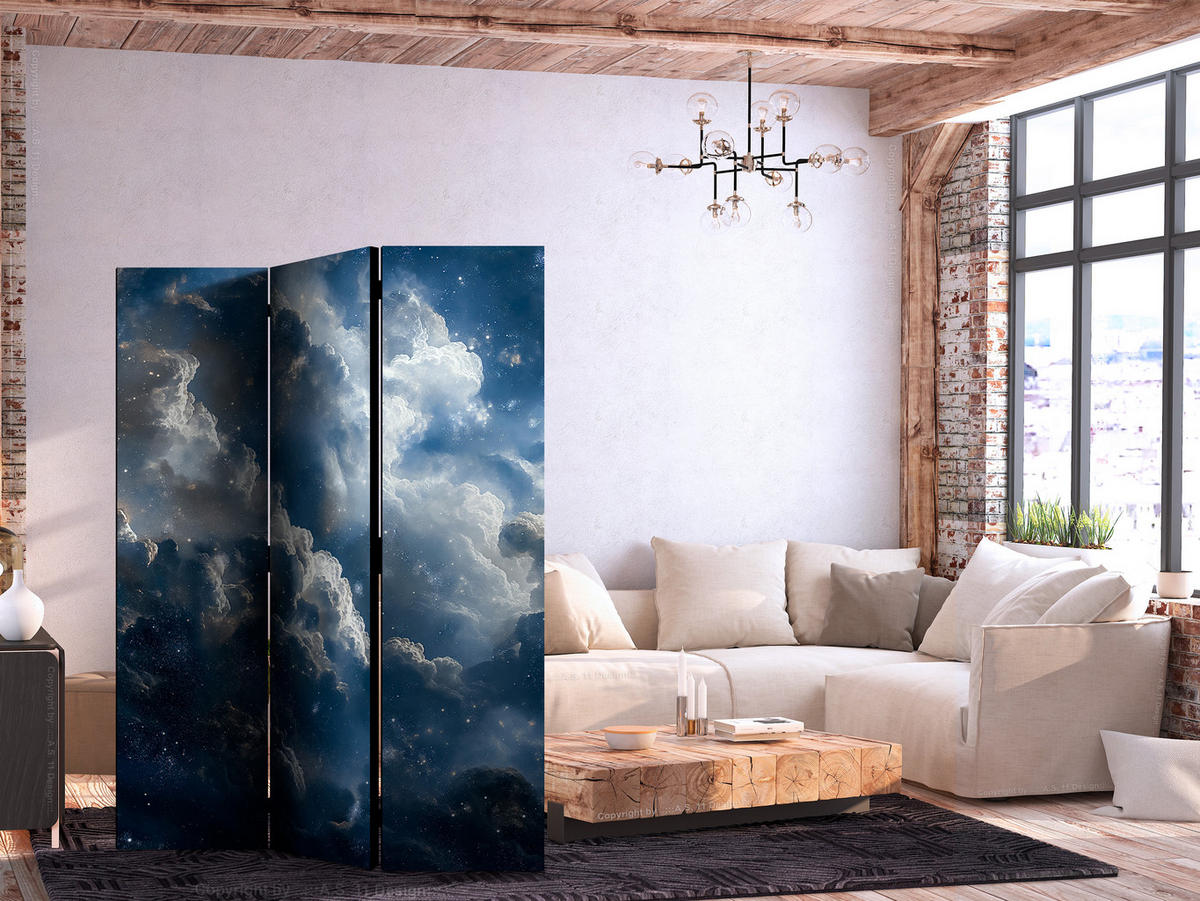 PARAVENT Beidseitig Bedruckter 3-tlg 135x172 cm Sternenhimmel mit Wolken - Blau, Holz/Textil (135/172/3cm) - Muralo