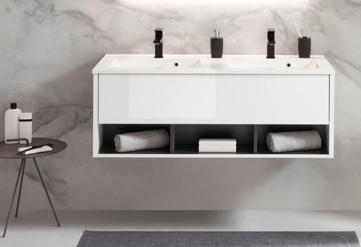 WASCHBECKENUNTERSCHRANK MIT Doppelwaschbecken in weiß Hochglanz und grau 120 cm Glide - Weiß Hochglanz/Grau, Holzwerkstoff/Metall (120/44/47cm) - Furn.Design