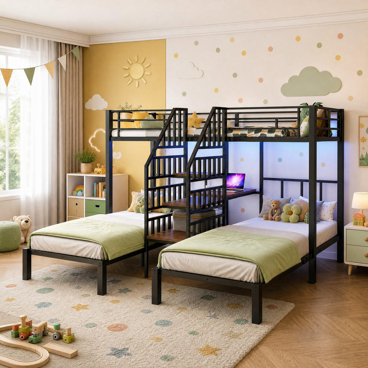 ETAGENBETT 90/200 mit LED, Schreibtisch und Stauraumtreppe in Schwarz - Schwarz, Holzwerkstoff/Metall (90/200cm) - EVRYAE
