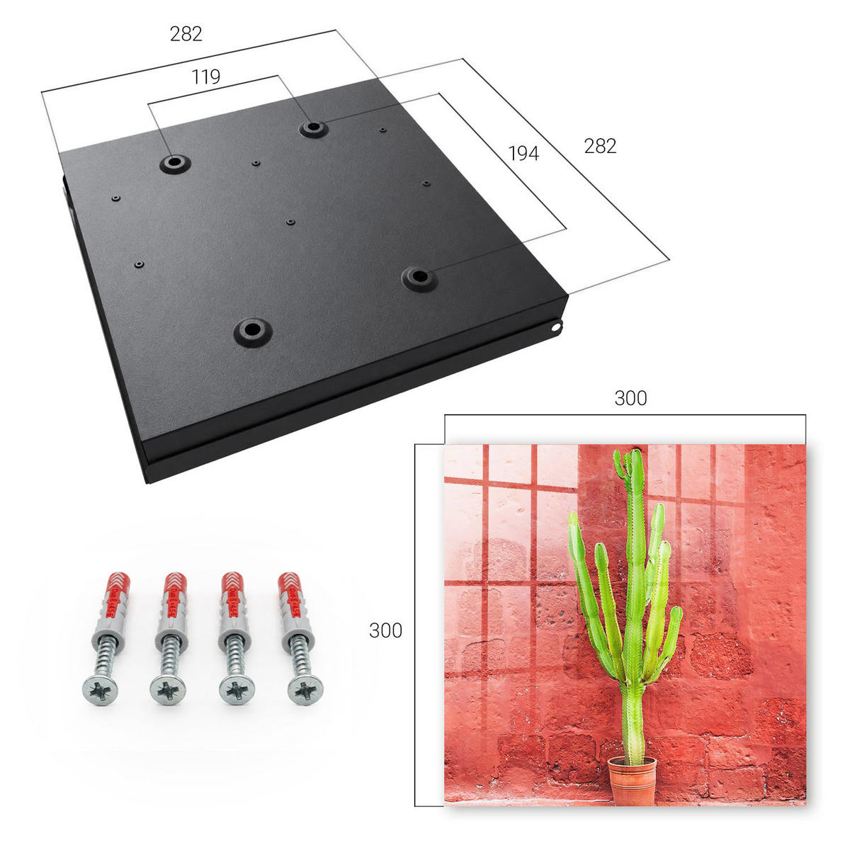 SCHLÜSSELBOX Schwarz 30x30 cm- Türöffnung nach rechts - Grüner Kaktus - Rot, Metall (30/30/5cm) - TULUP