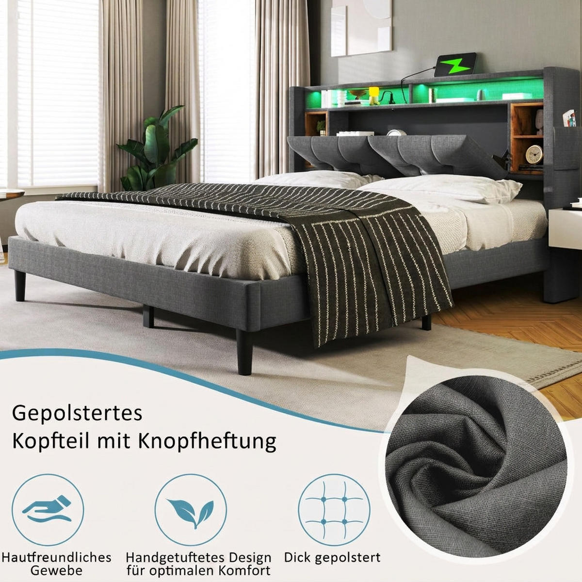 POLSTERBETT 160/200 cm Grau mit Stauraum-Kopfteil, LED-Beleuchtung und USB Type-C Ladefunktion - Grau, Holz (160/200cm) - Oxeza