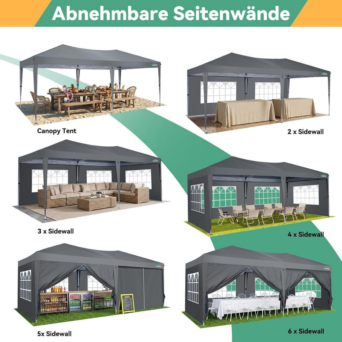 FALTPAVILLON 3x6m Grau mit 6 Seitenteilen, UV Schutz 50+ und höhenverstellbar - Grau, Textil (300/275/600cm)