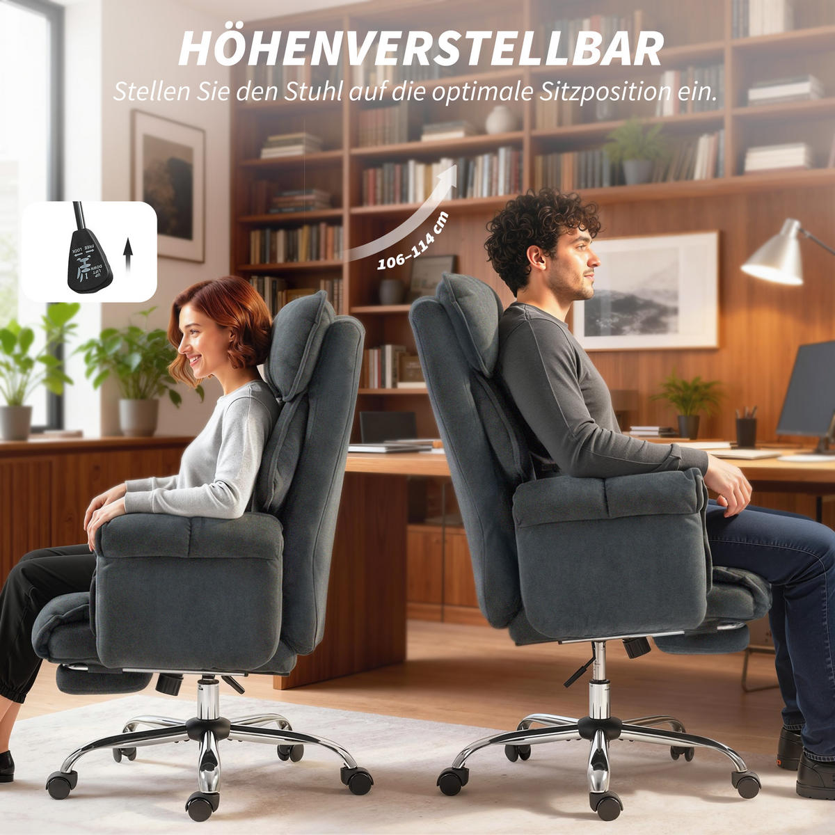 BÜROSTUHL höhenverstellbar Dunkelgrau 80/80/106 cm - Dunkelgrau/Silberfarben, Textil/Metall (80/114/80cm) - HOMCOM