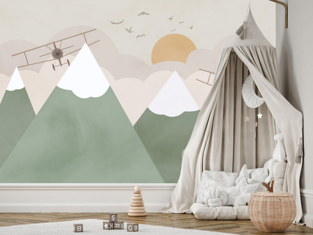 FOTOTAPETE für Kinderzimmer Berge Flugzeuge Wolken 300x210 - Beige/Orange, Papier (300/210cm) - Muralo