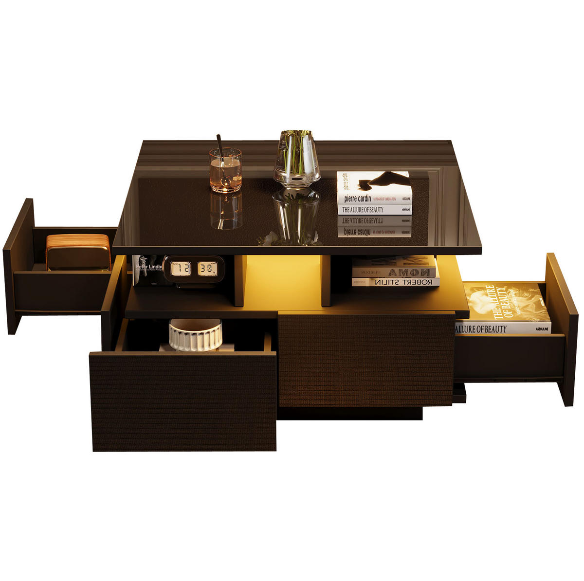 COUCHTISCH aus Spanplatte 70x70x40 cm Schwarz mit LED-Beleuchtung, 4 Schubladen und Hochglanzoberfläche - Schwarz, Holzwerkstoff (70/70/40cm) - Modfu