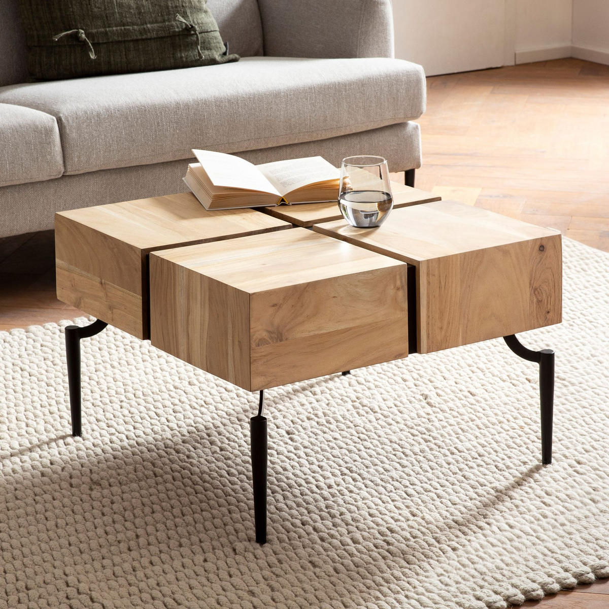 COUCHTISCH Massivholz Quadratisch Metallgestell Würfel-Form Modern, Akazie 60x60x40 cm - Schwarz/Akaziefarben, Holz/Metall (60/60/40cm) - KADIMA DESIGN