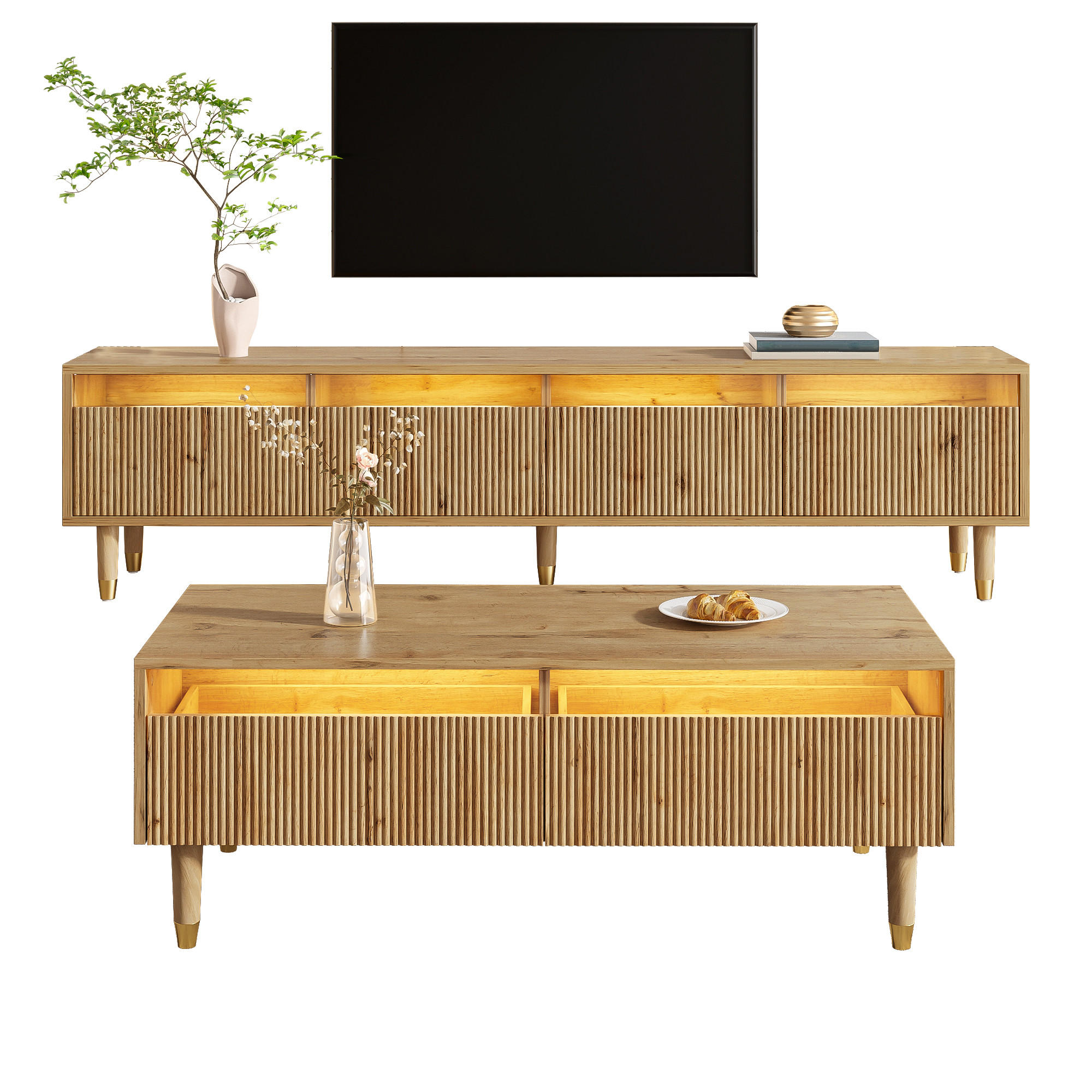 TV-ELEMENT mit Couchtisch - Kombination 2er-Set mit LED-Beleuchtung 4-türig Holzfarben-Gold - Naturfarben, Holzwerkstoff (178/45/35cm) - OKWISH