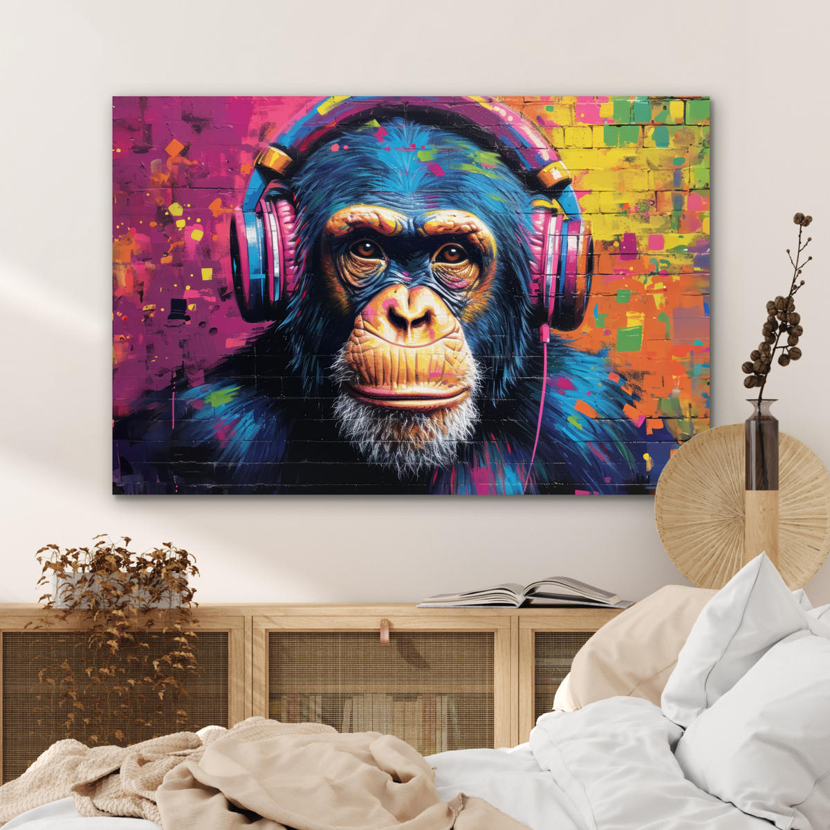 METALLBILD Graffiti - Schimpanse - Straßenkunst - Kopfhörer - Affe 90x60 cm - Blau, Metall (90/60cm) - MuchoWow