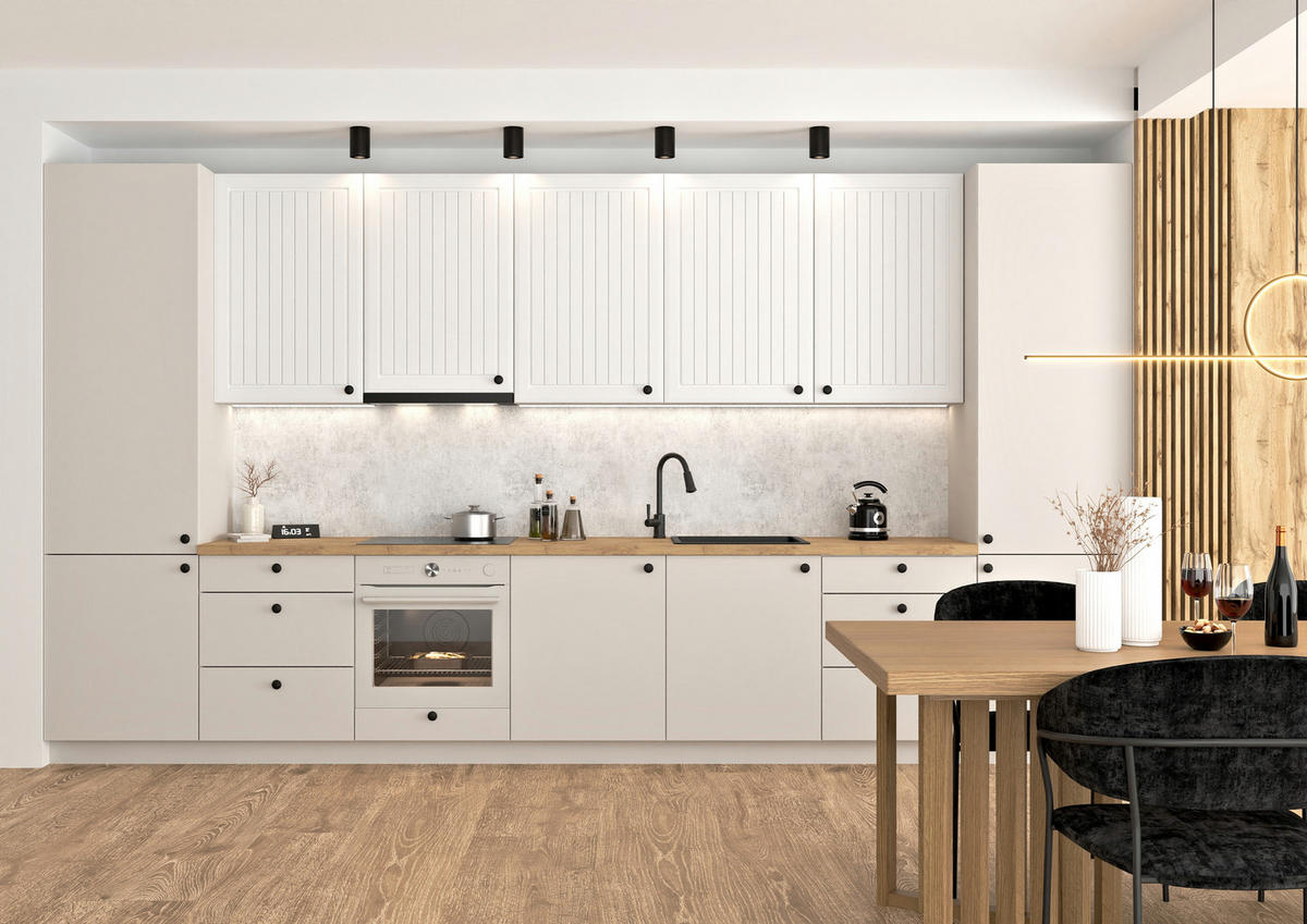 KÜCHENZEILE 420 cm - IRMA & MAX KS5-G420 - in Weiß / Beige - Beige/Schwarz, Holz/Holzwerkstoff (420/213.3/56cm) - Royal24_Markt