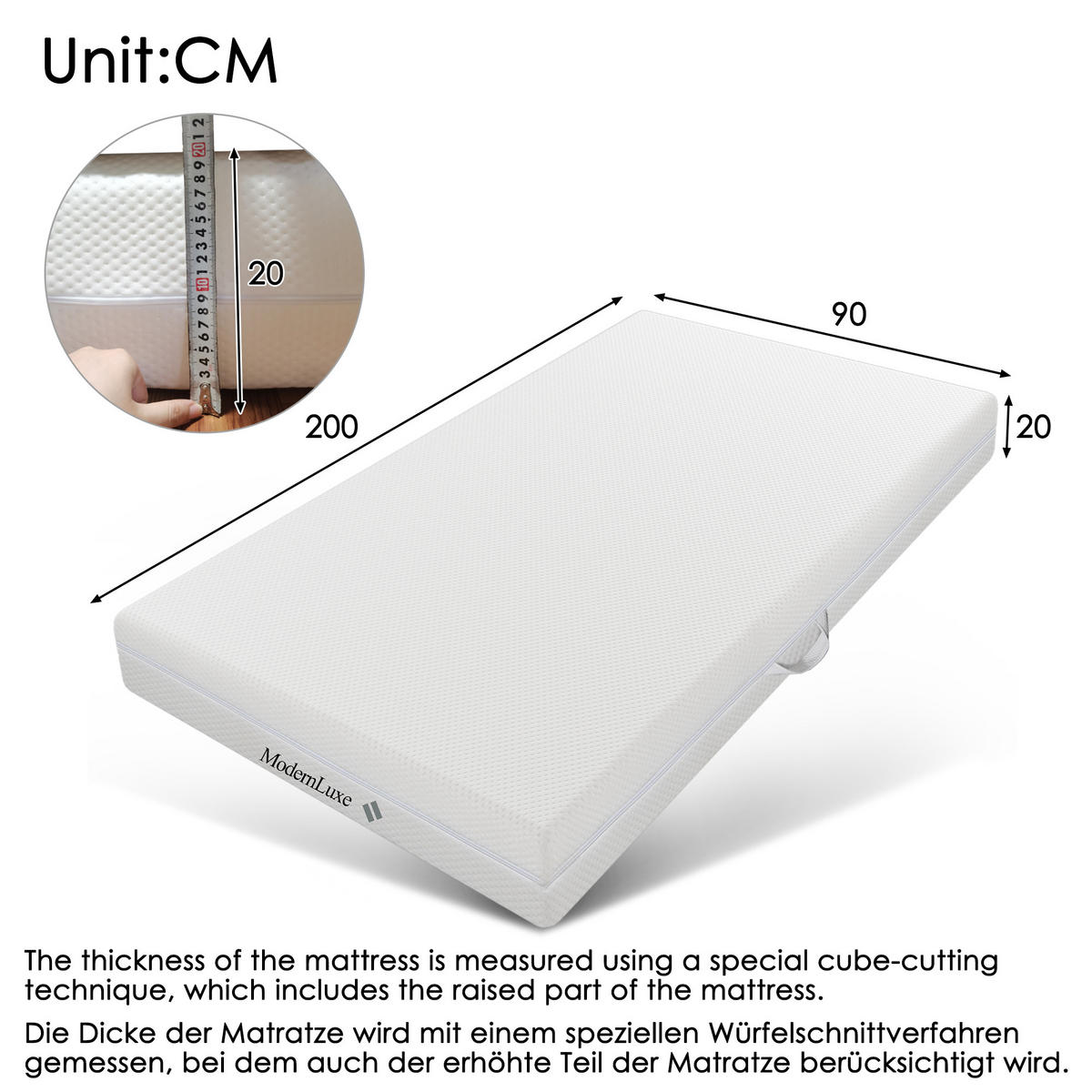 KALTSCHAUMMATRATZE 90x200 cm – 7 Zonen Komfortschaum, 20 cm hoch, H2/H3, ergonomisch, Bezug waschbar, mit Griffen & Reißverschluss - Weiß, Textil - Ej. Life