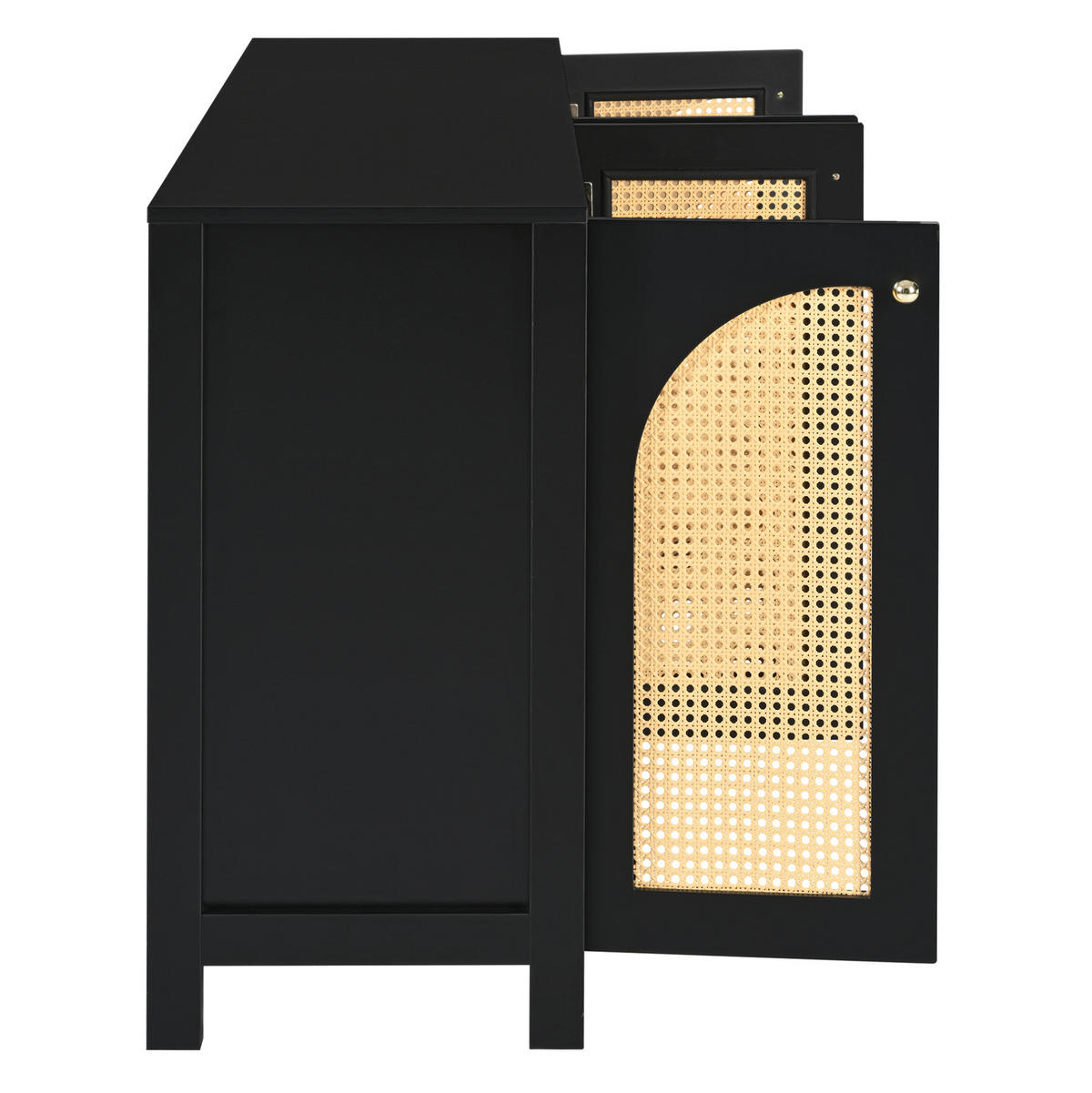 SIDEBOARD in Schwarz mit 4 Rattantüren und verstellbarem Regal,145/40/80 cm - Schwarz, Holzwerkstoff (145/40/80cm) - Flora Grace
