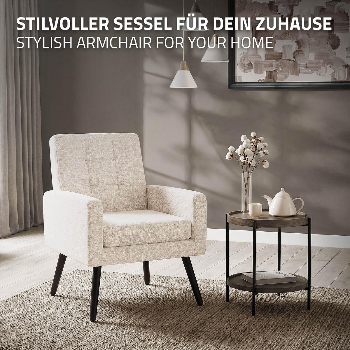 SESSEL mit Stahlbeinen und Webstruktur Relaxsessel 66,5x80x63,5 cm Beige - Beige/Schwarz, Textil/Metall (66.5/80/63.5cm) - ML-DESIGN