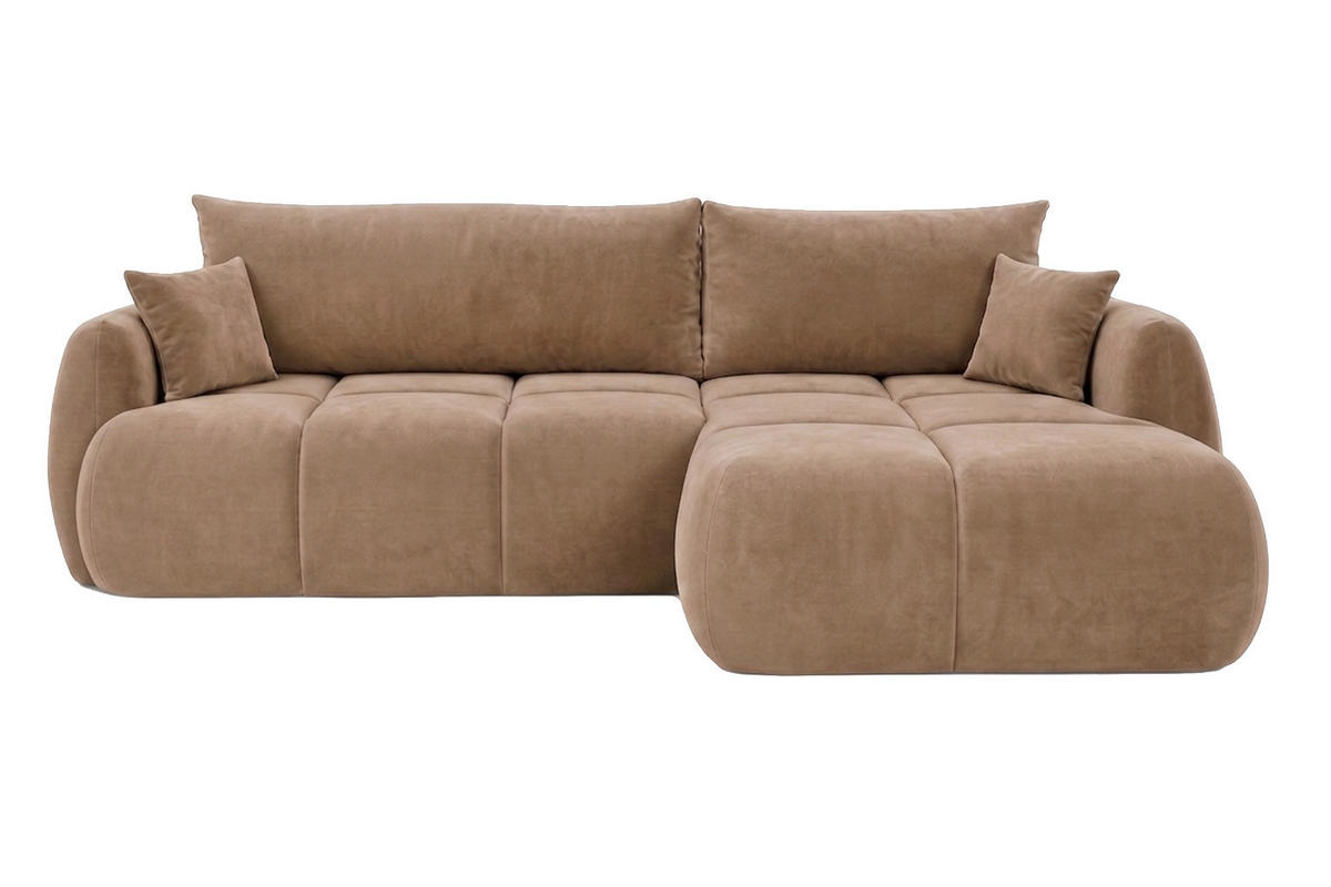 ROHOVÁ SEDAČKA s rozkládací funkcí a úložným prostorem, sametová látka Bluvel, Latte, Pravá, COCO - světle hnědá, dřevo (275/180cm) - Kaiser Möbel