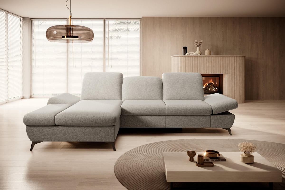 ECKSOFA FELICE L-S Beige Geflochtener Stoff mit Schlaffunktion - Creme, Holz (284/166cm) - MASSENO