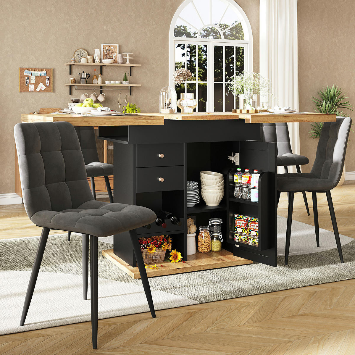 ESSTISCH aus MDF 110-140x80x75 cm Schwarz/Natur mit Auszug, Stauraum und Snack-/Weinregalen - Schwarz, Holzwerkstoff (110/80/75cm) - Modfu