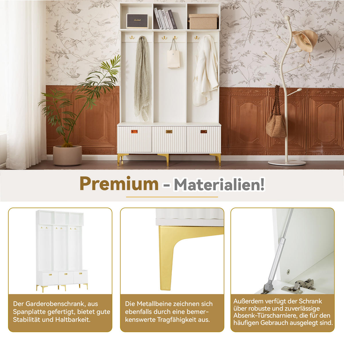 GARDEROBEN weiß & gold, mit sitzbank und 6 haken - Weiß, Holzwerkstoff (120/191/40cm) - Urban Meuble