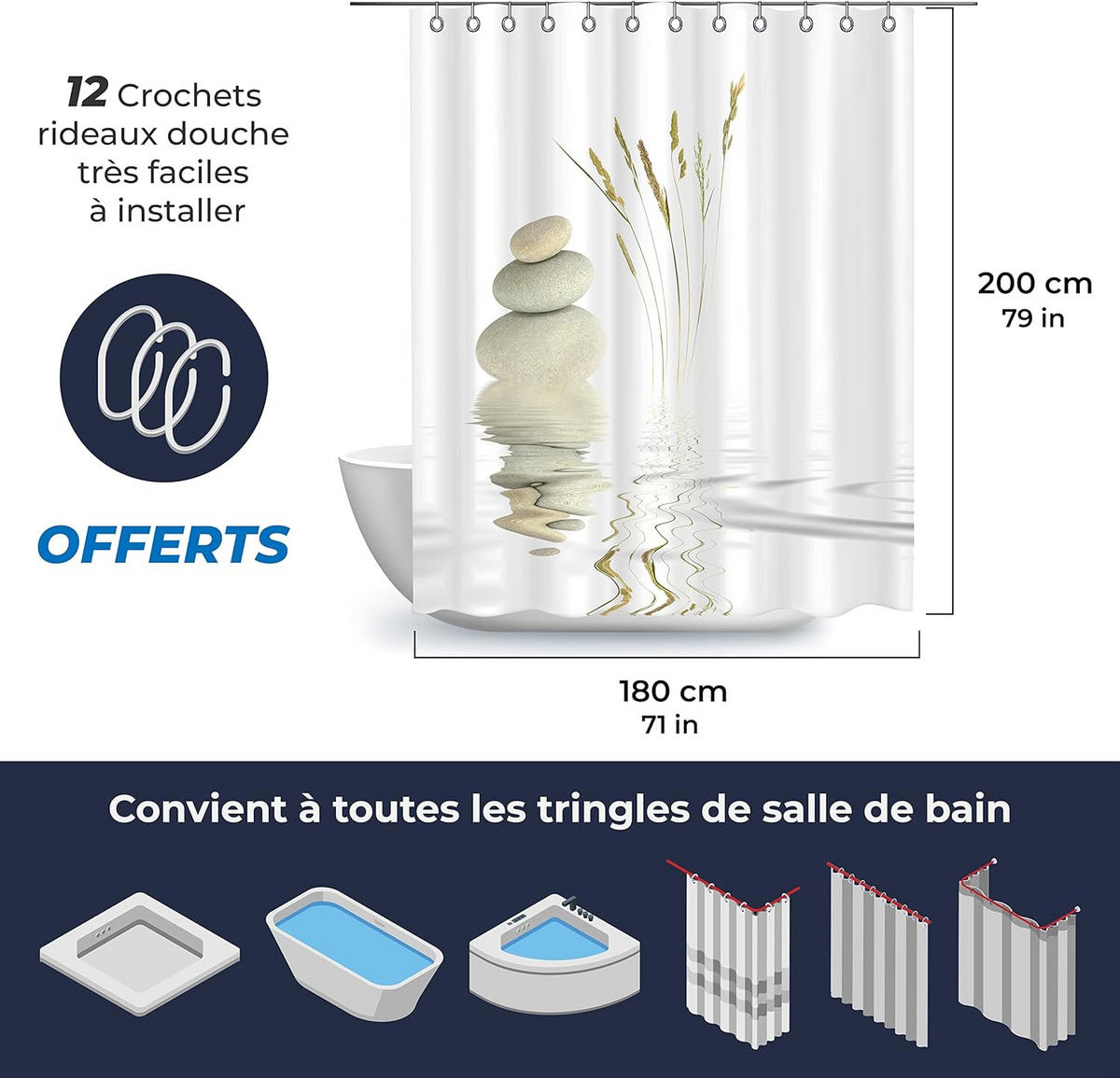 DUSCHVORHANG Set Dekor Badezimmer schimmelresistent waschbar - Weiß, Textil (180/200cm) - MCBOSON