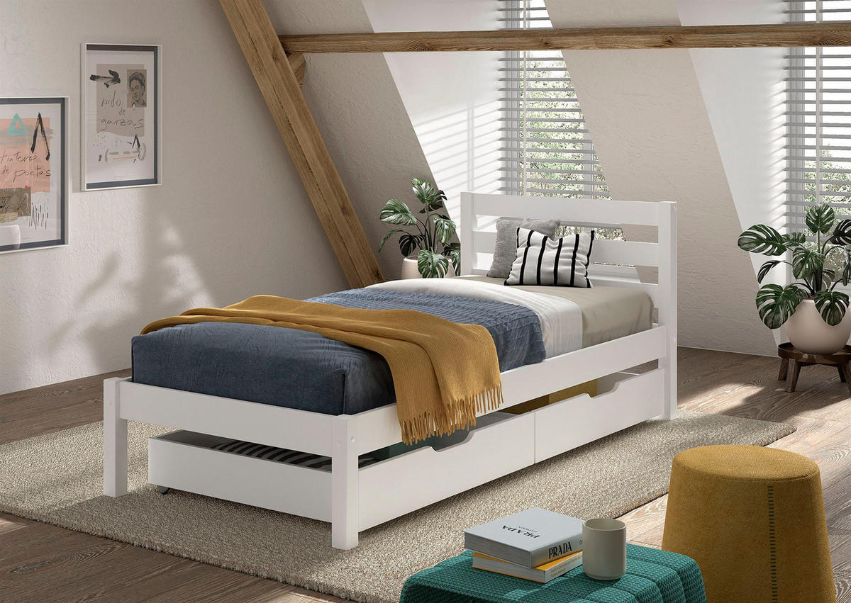 EINZELBETT Karolina Kiefer weiß 90x200 mit Rolllattenrost & Schubladen - Weiß, Holz (90/200cm) - 58aufmkessel