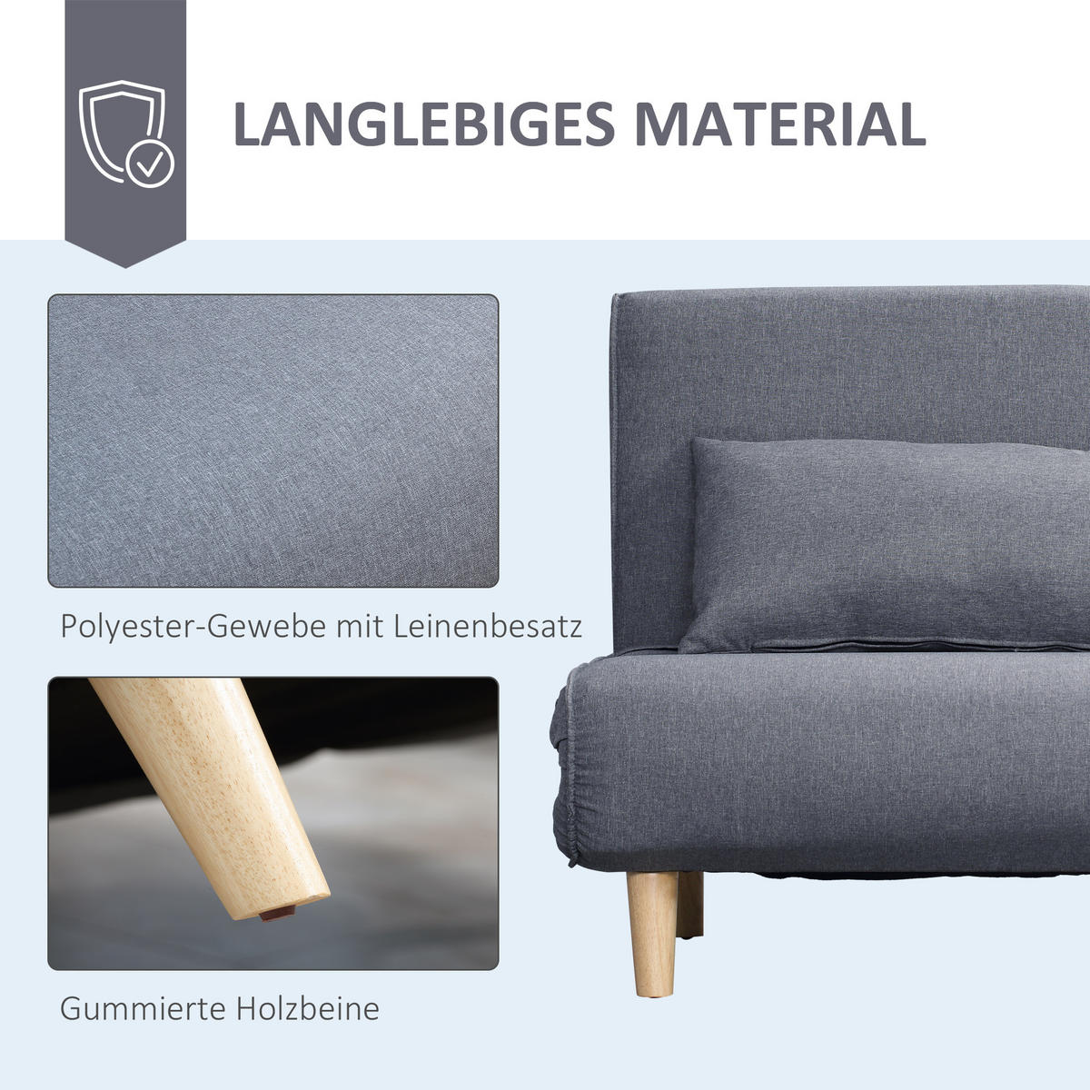 EINZELSOFA Sofabett Klappsofa verstellbar Rückenlehne nordisch skandinavisch - Naturfarben/Grau, Holz/Textil (78/80/94cm) - HOMCOM
