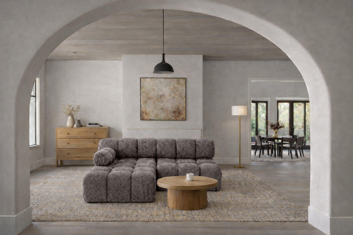 ECKSOFA L-Form Mini II Modular, Bouclé-Stoff Abriamo, Braun, Links, Selia - Braun, Holz (190/160cm) - Kaiser Möbel