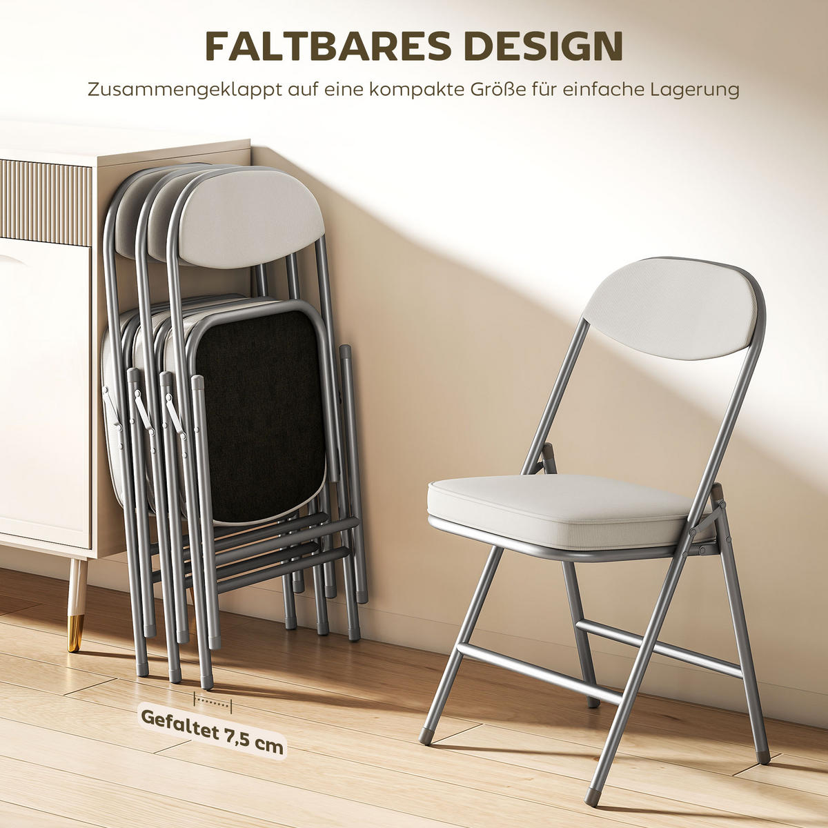 KLAPPSTUHL 4er Set Polyester Stahl Cremeweiß - Weiß, Kunststoff (45/82/48.5cm) - HOMCOM