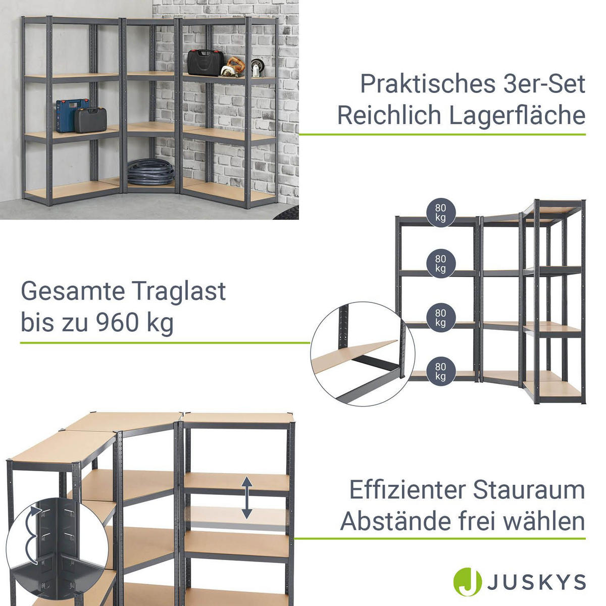 REGALSYSTEM Easy grau insgesamt 12 Böden (3er-Set) - Grau, Metall (155/160/155cm) - Juskys