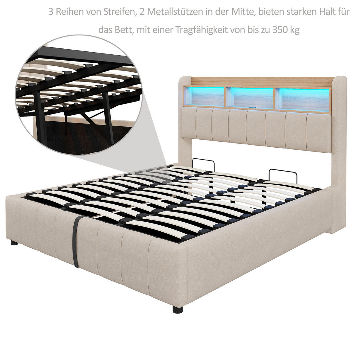POLSTERBETT 180/200 cm aus Leinenstoff mit LED-Beleuchtung, Beige - Beige, Textil (180/200cm) - OKMYHOME