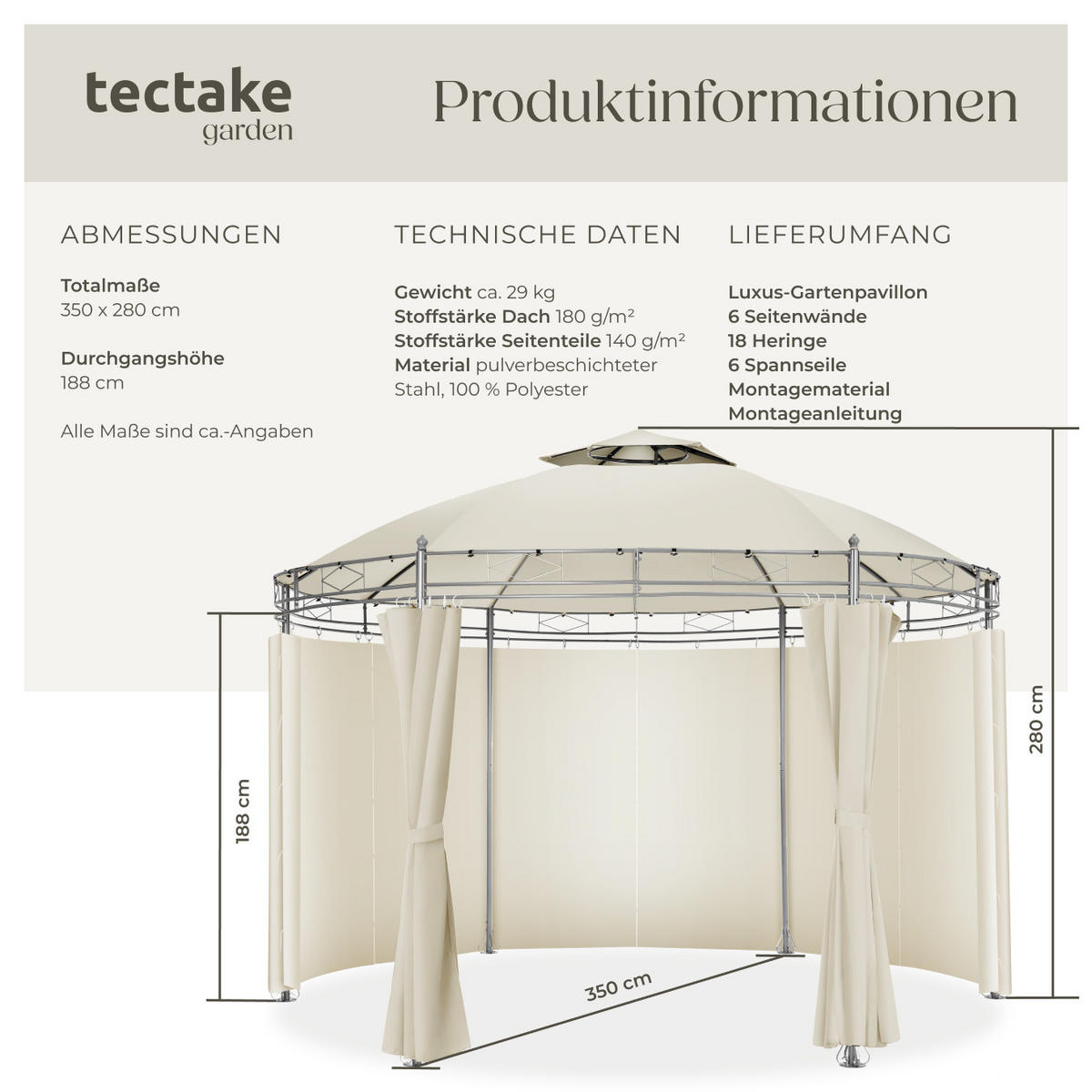 GARTENPAVILLON Siana,inklusive Spannseilen und Heringen,creme - Creme, Kunststoff (350/280/350cm) - tectake