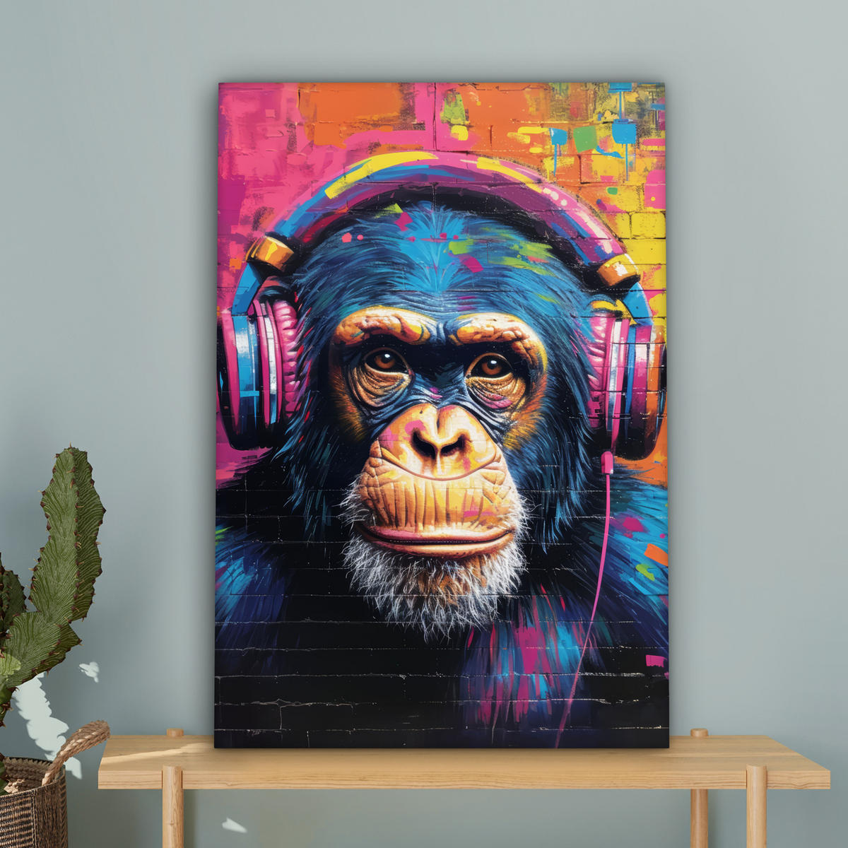 LEINWANDBILD Graffiti - Schimpanse - Straßenkunst - Kopfhörer - Affe Wanddeko Schlafzimmer 60x90 cm - Blau, Textil (60/90cm) - MuchoWow